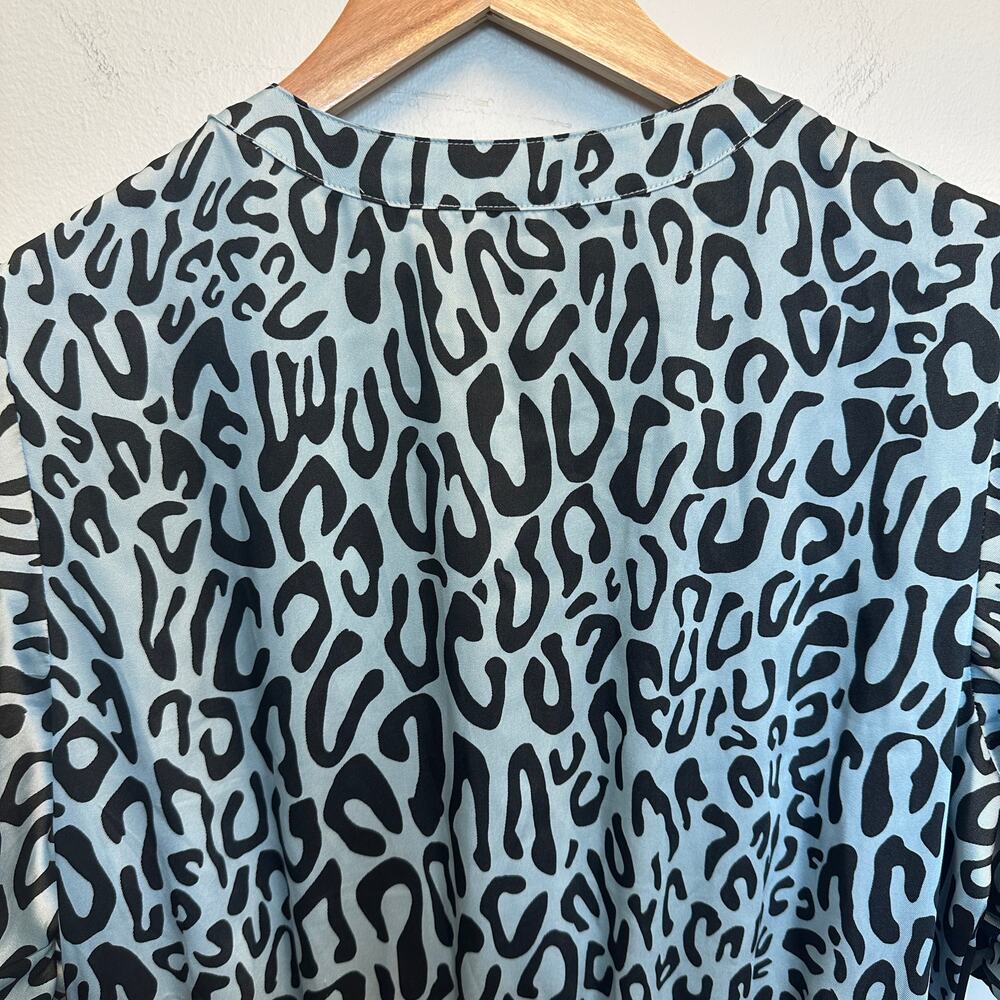 Rebecca Minkoff Aston‎ Puff-Sleeve Tiered Blouson Mini Dress Blue Leopard Large - Picture 8 of 11